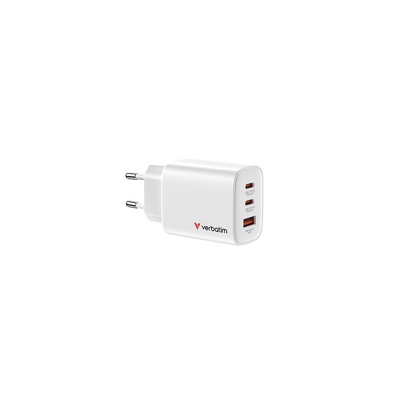 Verbatim Essentials, Ładowarka sieciowa GaN USB-A QC 3.0, 2 USB-C PD 3.0, biała, 65W