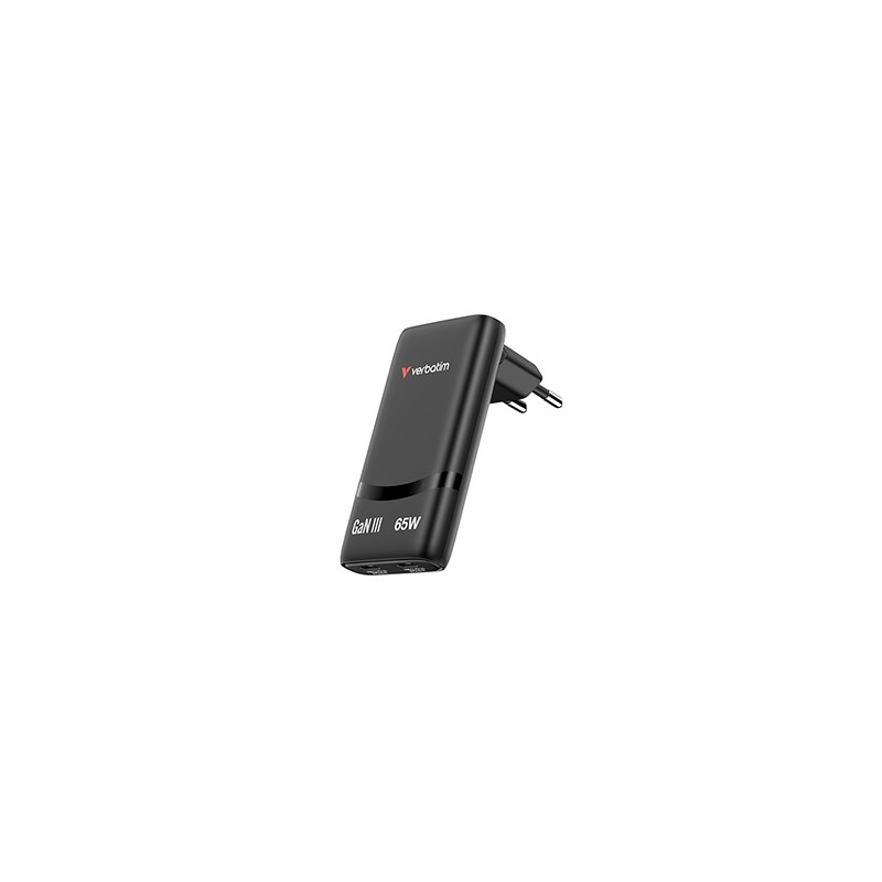 Verbatim Fold ,n, Go, Ładowarka sieciowa GaN 2 USB-C PD 3.0, czarna, 65W, wtyczka EU