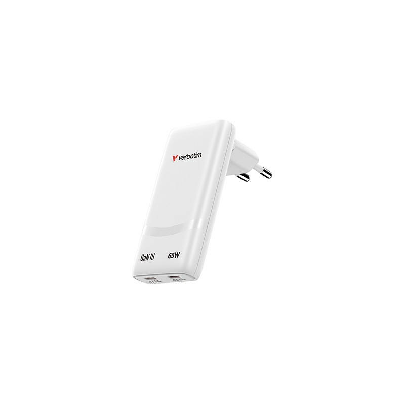 Verbatim Fold ,n, Go, Ładowarka sieciowa GaN 2 USB-C PD 3.0, biała, 65W, wtyczka EU