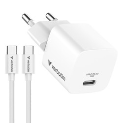 Verbatim, Ładowarka Mini GaN z kablem 1 x USB-C, biała, 20 W, Power Delivery 3.0