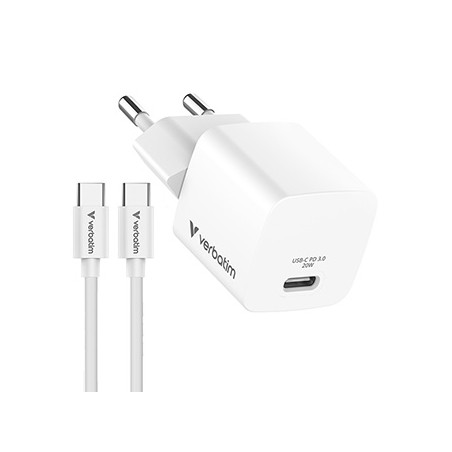 Verbatim, Ładowarka Mini GaN z kablem 1 x USB-C, biała, 20 W, Power Delivery 3.0