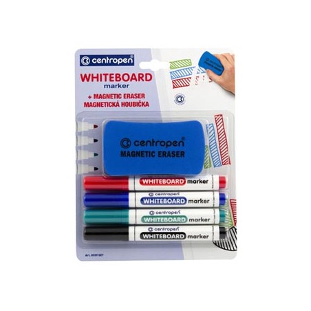 Centropen, zestaw markerów do tablic whiteboard 8559, color, 4szt, 2.5mm, zestaw markery na bazie alko + gąbka magnetyczna