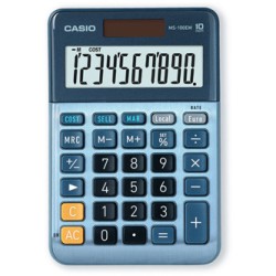 Casio kalkulator MS 100 EM, niebieska, stołowy, funkcja konwersji walut, VAT