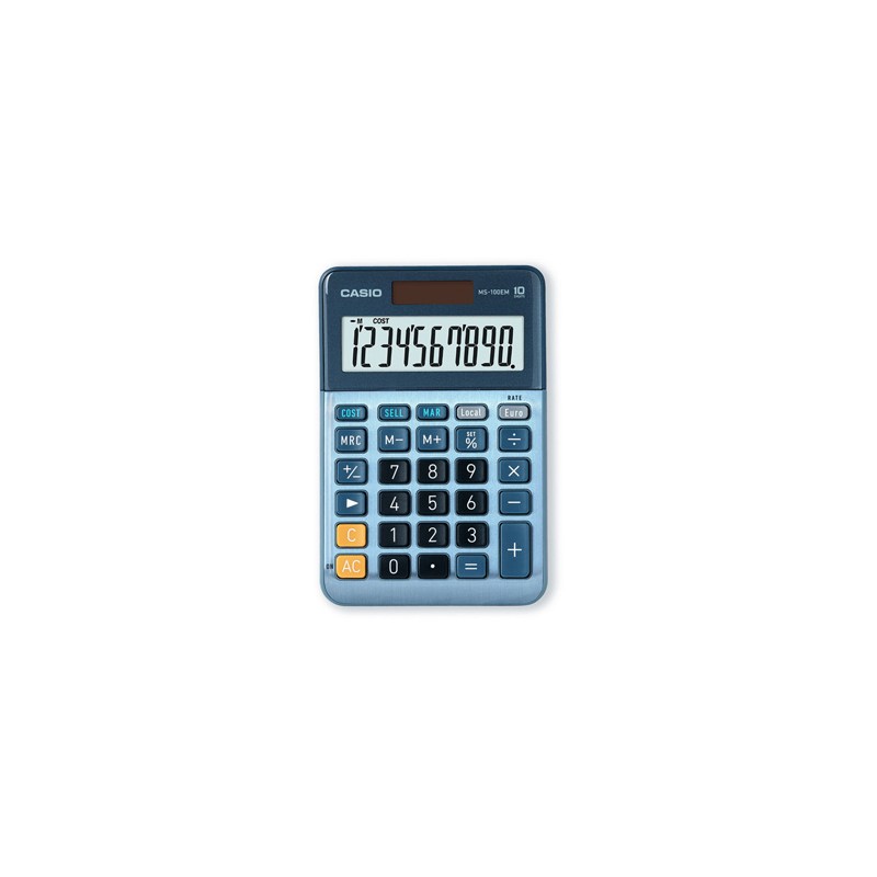Casio kalkulator MS 100 EM, niebieska, stołowy, funkcja konwersji walut, VAT