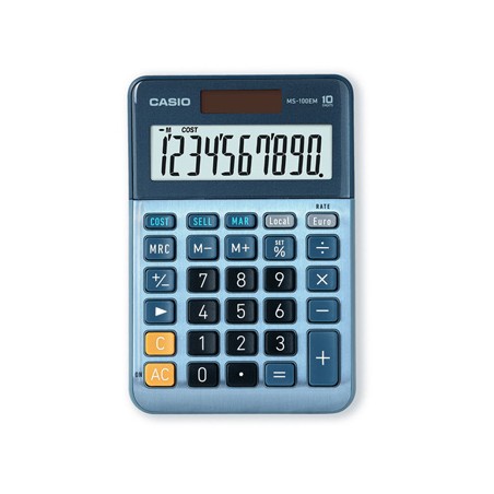 Casio kalkulator MS 100 EM, niebieska, stołowy, funkcja konwersji walut, VAT