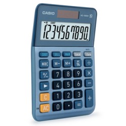 Casio kalkulator MS 100 EM, niebieska, stołowy, funkcja konwersji walut, VAT