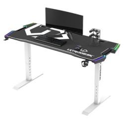 ULTRADESK Biurko dla gracza FORCE SNOW - białe, 166x70 cm, 66-86 cm, 5 poziomów wysokości, z podkładką pod mysz XXL, podświetlen