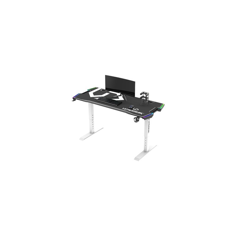 ULTRADESK Biurko dla gracza FORCE SNOW - białe, 166x70 cm, 66-86 cm, 5 poziomów wysokości, z podkładką pod mysz XXL, podświetlen