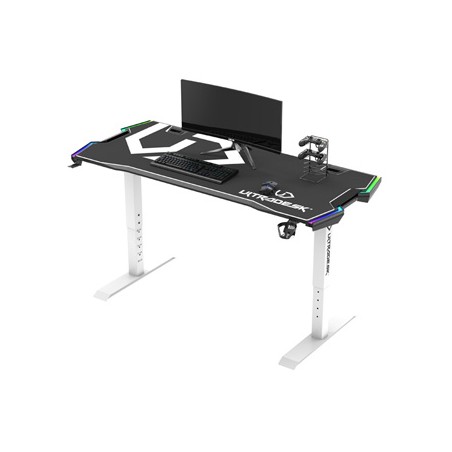 ULTRADESK Biurko dla gracza FORCE SNOW - białe, 166x70 cm, 66-86 cm, 5 poziomów wysokości, z podkładką pod mysz XXL, podświetlen