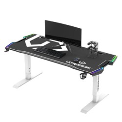 ULTRADESK Biurko dla gracza FORCE SNOW - białe, 166x70 cm, 66-86 cm, 5 poziomów wysokości, z podkładką pod mysz XXL, podświetlen