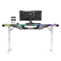 ULTRADESK Biurko dla gracza FORCE SNOW - białe, 166x70 cm, 66-86 cm, 5 poziomów wysokości, z podkładką pod mysz XXL, podświetlen