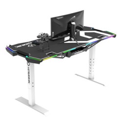 ULTRADESK Biurko dla gracza FORCE SNOW - białe, 166x70 cm, 66-86 cm, 5 poziomów wysokości, z podkładką pod mysz XXL, podświetlen