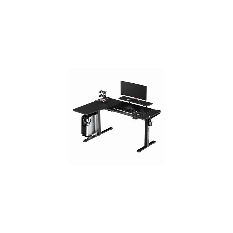 ULTRADESK Biurko dla gracza WINGER - czarny, 111x155x60 cm, 75-122 cm, elektycznie regulowany, podświetlenie RGB, uchwyt na słuc