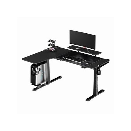 ULTRADESK Biurko dla gracza WINGER - czarny, 111x155x60 cm, 75-122 cm, elektycznie regulowany, podświetlenie RGB, uchwyt na słuc