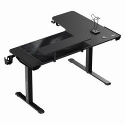 ULTRADESK Biurko dla gracza WINGER - czarny, 111x155x60 cm, 75-122 cm, elektycznie regulowany, podświetlenie RGB, uchwyt na słuc
