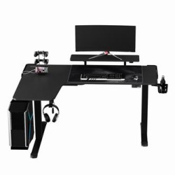 ULTRADESK Biurko dla gracza WINGER - czarny, 111x155x60 cm, 75-122 cm, elektycznie regulowany, podświetlenie RGB, uchwyt na słuc