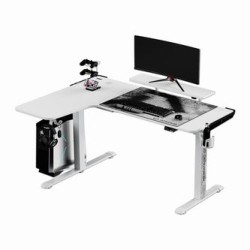 ULTRADESK Biurko dla gracza WINGER - biały, 111x155x60 cm, 75-122 cm, elektycznie regulowany, podświetlenie RGB, uchwyt na słuch