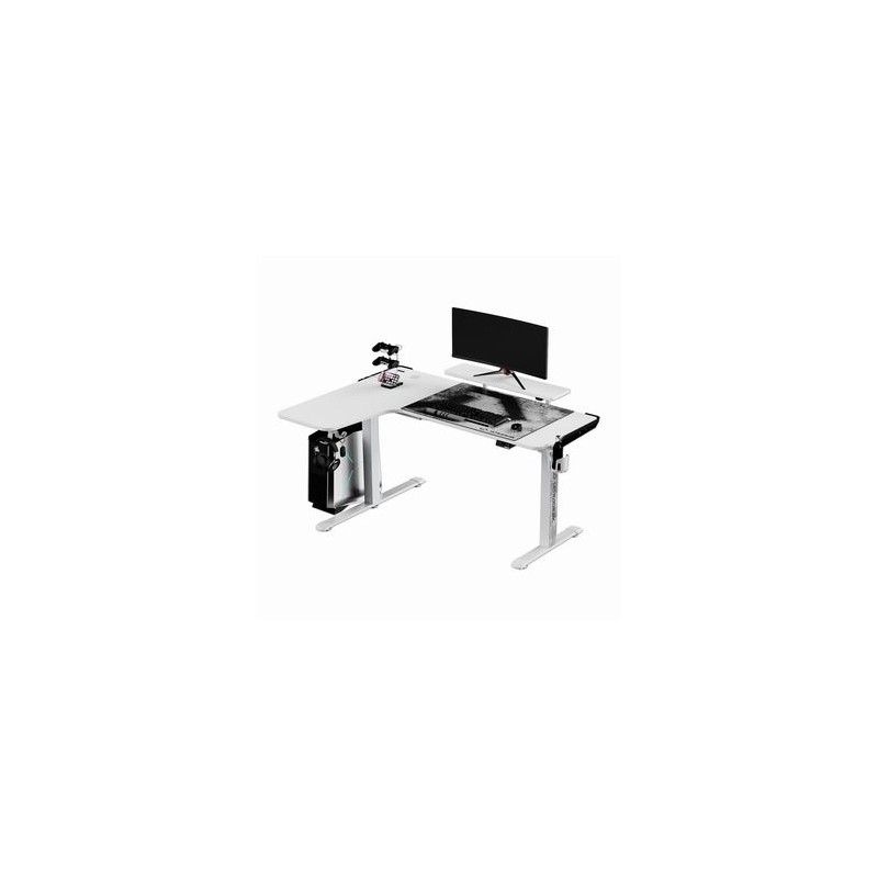 ULTRADESK Biurko dla gracza WINGER - biały, 111x155x60 cm, 75-122 cm, elektycznie regulowany, podświetlenie RGB, uchwyt na słuch