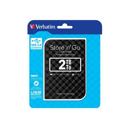 Verbatim zewnętrzny dysk twardy, Store N Go, 2.5", USB 3.0 (3.2 Gen 1), 2TB, 2000GB, 53195, czarny