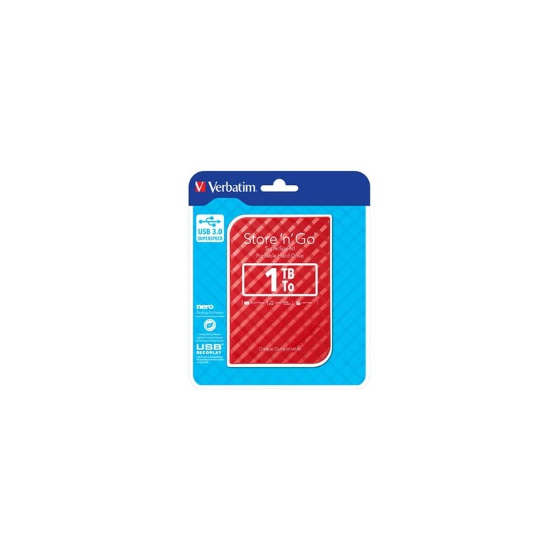 Verbatim zewnętrzny dysk twardy, Store N Go, 2.5", USB 3.0 (3.2 Gen 1), 1TB, 1000GB, 53203, czerwony