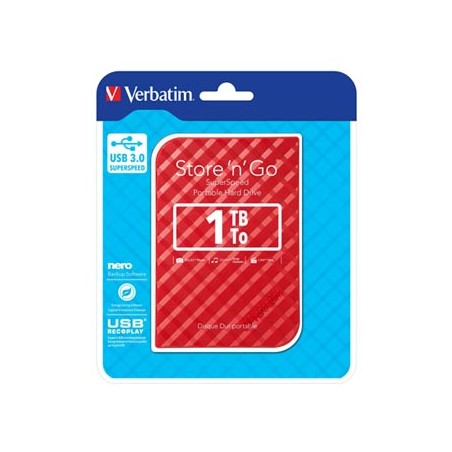 Verbatim zewnętrzny dysk twardy, Store N Go, 2.5", USB 3.0 (3.2 Gen 1), 1TB, 1000GB, 53203, czerwony