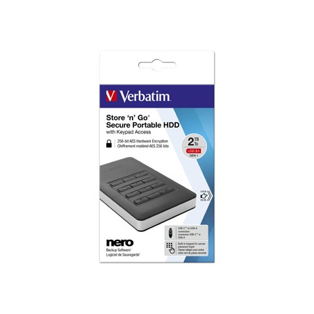 Verbatim zewnętrzny dysk twardy, Store N Go Secure Portable, 2.5", USB 3.0 (3.2 Gen 1), 2TB, 2000GB, 53403, czarny, szyfrowany, 
