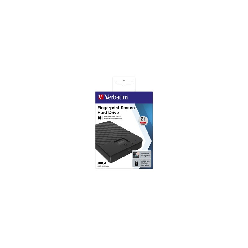 Verbatim zewnętrzny dysk twardy, Fingerprint Secure HDD, 2.5", USB 3.0 (3.2 Gen1), 2TB, 2000GB, 53651, czarny, 256-bit AES