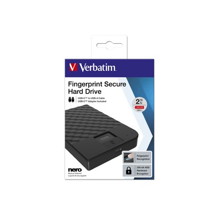 Verbatim zewnętrzny dysk twardy, Fingerprint Secure HDD, 2.5", USB 3.0 (3.2 Gen1), 2TB, 2000GB, 53651, czarny, 256-bit AES