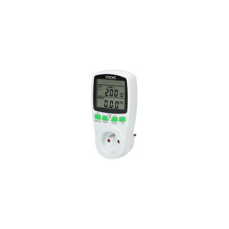 Miernik zużycia energii, max.3680W, biały, Virone, Wyświetlacz LCD, 2 taryfy pomiarowe, 4 rodz. walut