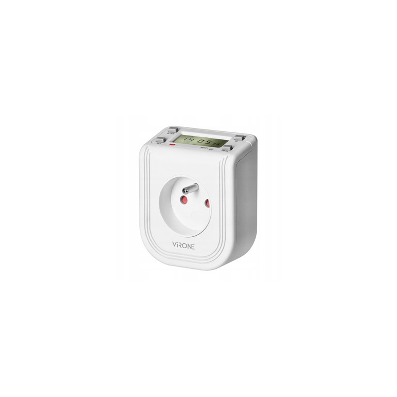 Gniazdo z elektronicznym timerem 230V, 50Hz, max. 3680W, biała, Virone, Górny wyświetlacz LCD, 16 programów czas., bateria