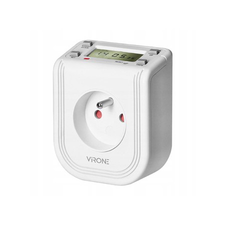 Gniazdo z elektronicznym timerem 230V, 50Hz, max. 3680W, biała, Virone, Górny wyświetlacz LCD, 16 programów czas., bateria
