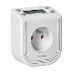 Gniazdo z elektronicznym timerem 230V, 50Hz, max. 3680W, biała, Virone, Górny wyświetlacz LCD, 16 programów czas., bateria