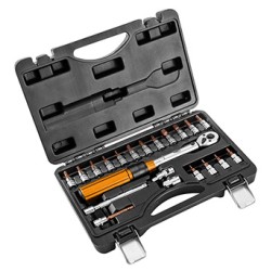 Klucz dynamometryczny z zestawem końcówek, 08-821, 21 szt, rozmiar 1/4,  5 - 25 Nm, walizka,, NEO TOOLS