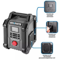 Graphite Radio budowlane, baterie, 18V, 2x15W, Li-Ion, czarne