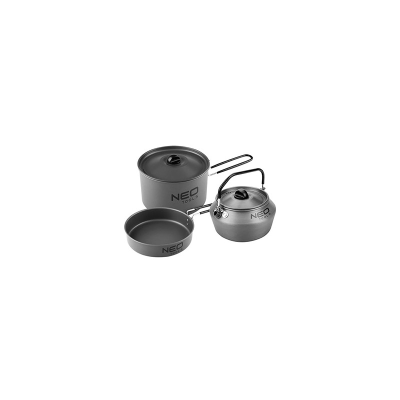 Naczynia turystyczne 3 w 1 szara, aluminium, 63-145, garnek, patelnia, czajnik, Neo Tools