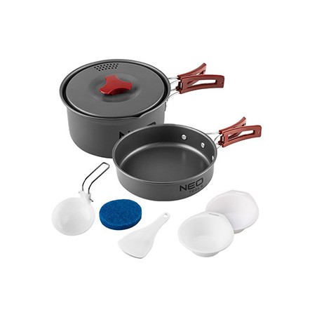 Naczynia turystyczne 7 w 1 Turystyka, szara, aluminium, garnek, patelnia, 2x talerze, chochla, łopatka,, Neo Tools