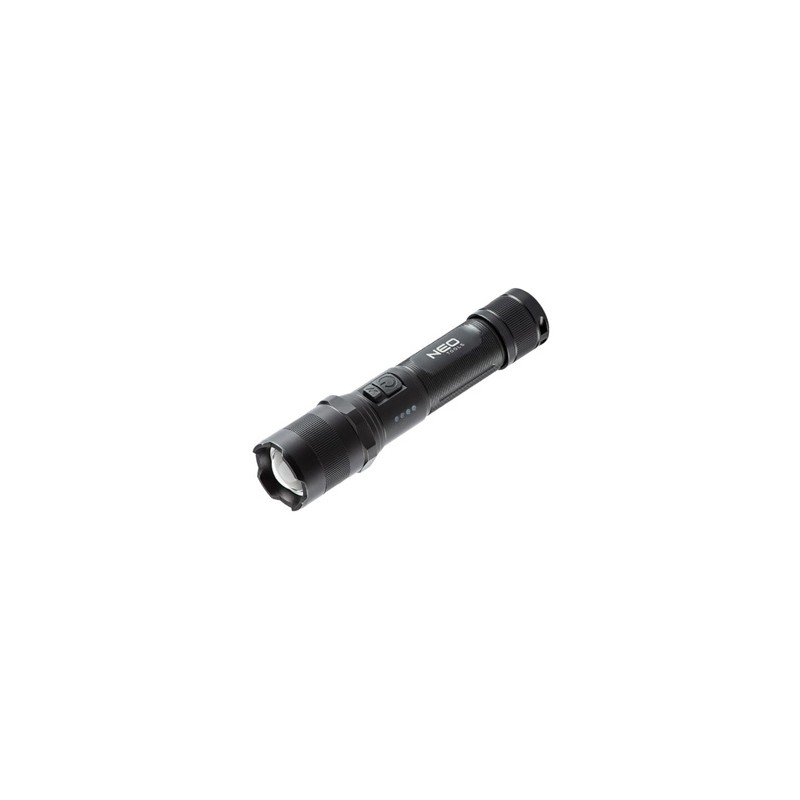 Latarka akumulatorowa, 1xLED, 1x2200 mAh, aluminium, czarna, IPX4, funkcja zoom