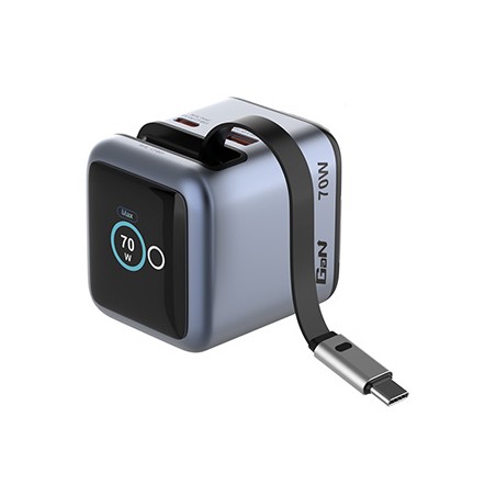 Verbatim, Mini ładowarka GaN z wyświetlaczem i kablem 1 x USB-C / 1 x USB-A, szara, 70 W, Wymienne wtyczki EU, UK, USA