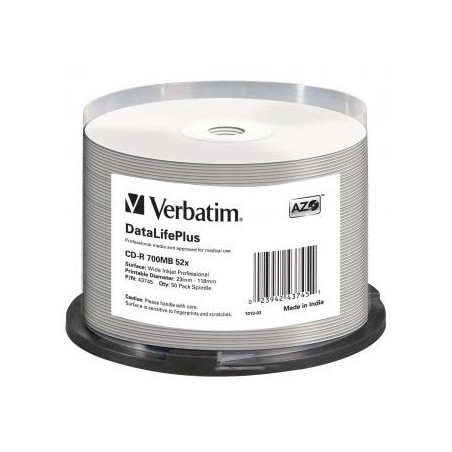 Verbatim CD-R, 43745, DataLifePlus Wide Inkjet Printable, 50-pack, 700MB, 52X, 80min., 12cm, spindle, do archiwizacji danych
