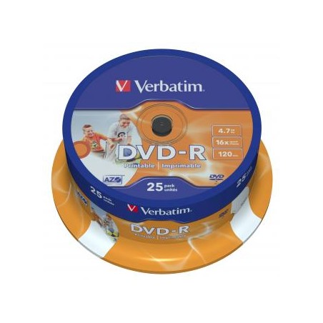 Verbatim DVD-R, Wide Inkjet Printable ID Brand, 43538, 4.7GB, 16x, spindle, 25-pack, 12cm, do archiwizacji danych