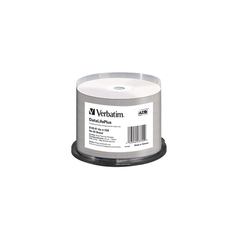 Verbatim DVD-R, DataLifePlus Wide Thermal Printable - No ID Brand, 43755, 4.7GB, 16x, spindle, 50-pack, 12cm, do archiwizacji da