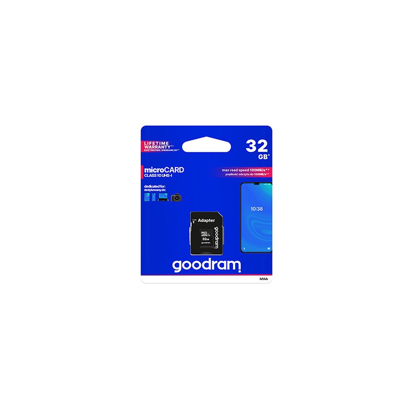 Goodram Karta pamięci Micro Secure Digital Card, 32GB, micro SDHC, M1AA-0320R12, UHS-I U1 (Class 10), z adapterm