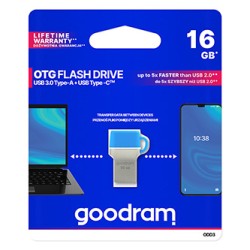 Goodram USB flash disk OTG, USB 3.0, 16GB, ODD3, niebieski, ODD3-0160B0R11, USB A / USB C, z osłoną