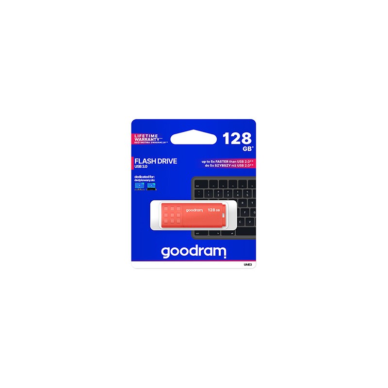 Goodram USB flash disk, USB 3.0, 128GB, UME3, pomarańczowy, UME3-1280O0R11, USB A, z osłoną