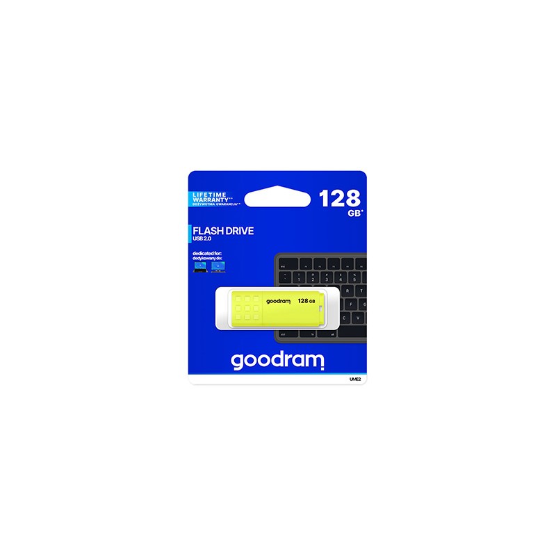 Goodram USB flash disk, USB 2.0, 128GB, UME2, żółty, UME2-1280Y0R11, USB A, z osłoną