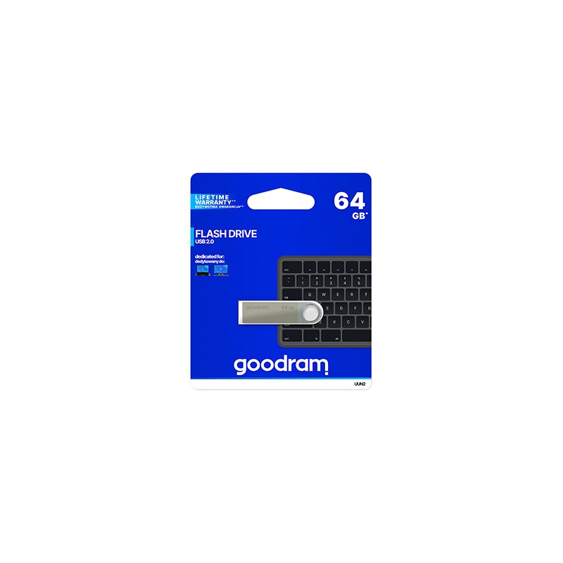 Goodram USB flash disk, USB 2.0, 64GB, UUN2, srebrny, UUN2-0640S0R11, USB A, z oczkiem na brelok