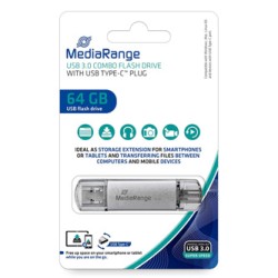 MediaRange USB flash disk, USB 3.0, 64GB, srebrny, MR937, USB A / USB C, z osłoną
