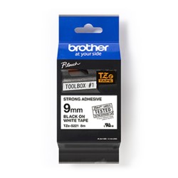 Brother oryginalny taśma do drukarek etykiet, Brother, TZE-S221, czarny druk/biały podkład, laminowane, 8m, 9mm, mocny klej