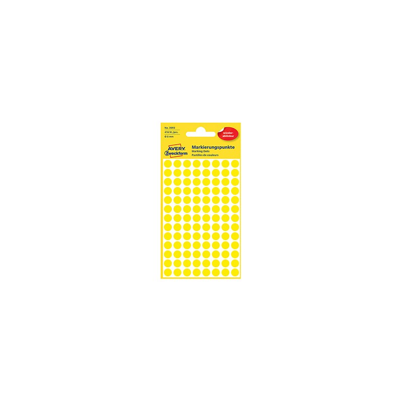 Avery Zweckform etykiety 8mm, żółte, 104 etykiety, do znakowania, zdejmowane, pakowane po 4 szt., 3593, do pisma odręcznego