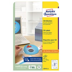 Avery Zweckform etykiety na CD 117/41mm, A4, matowe, białe, 2 etykiety, pakowane po 25 szt., L6015-25, do drukarek laserowych i